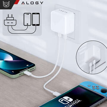 35W Fast Wall Charger 2x USB-C USB Type C PD for iPhone Type-C Cable 1m Alogy White