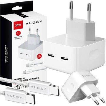 35W Fast Wall Charger 2x USB-C USB Type C PD for iPhone Type-C Cable 1m Alogy White