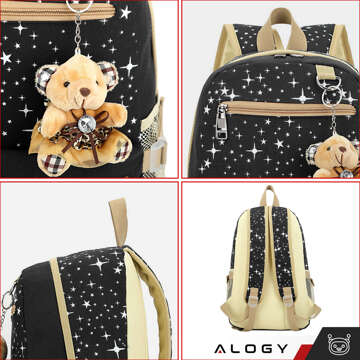 3in1 backpack school urban youth school bag pencil case cosmetic bag keychain teddy bear capacious women's Black with stars Alogy
