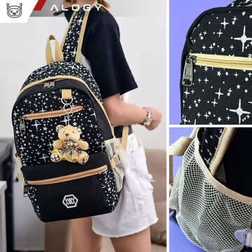 3in1 backpack school urban youth school bag pencil case cosmetic bag keychain teddy bear capacious women's Black with stars Alogy