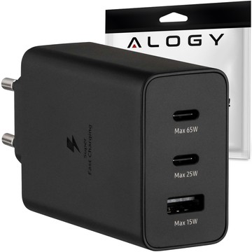 65W Fast Wall Charger 2x USB-C Type C PD USB-A USB Alogy 3 Ports Strong Black Case