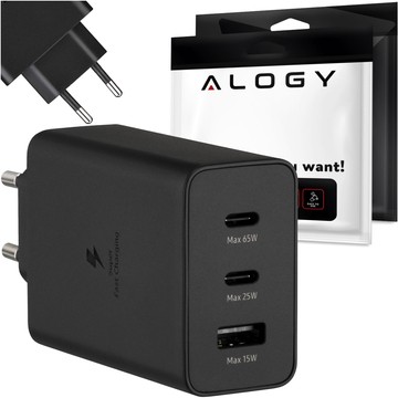 65W Fast Wall Charger 2x USB-C Type C PD USB-A USB Alogy 3 Ports Strong Black Case