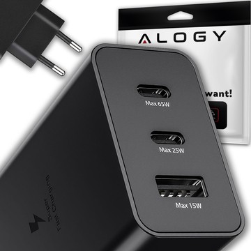 65W Fast Wall Charger 2x USB-C Type C PD USB-A USB Alogy 3 Ports Strong Black Case