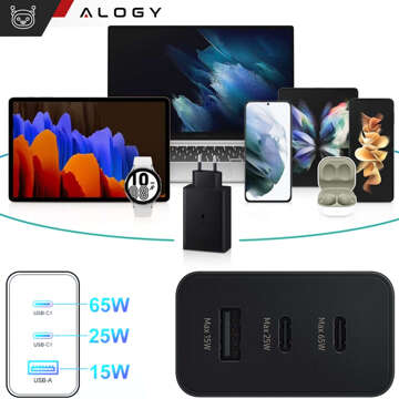 65W Fast Wall Charger 2x USB-C Type C PD USB-A USB Alogy 3 Ports Strong Black Case