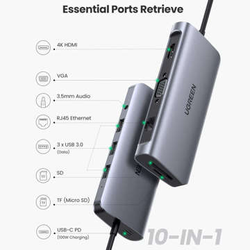 Adapter 10w1 UGREEN HUB USB-C do HDMI 4K, 3x USB 3.0, Typ-C PD, RJ45, SD, Micro SD, VGA, AUX (szary)