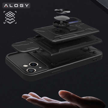 Alogy Camshield Stand Ring Wallet Case with Camera Protector and Card Slot for Apple iPhone 14 Black Glass