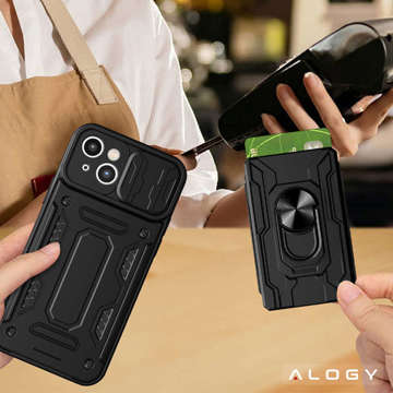 Alogy Camshield Stand Ring Wallet Case with Camera Protector and Card Slot for Apple iPhone 14 Black Glass