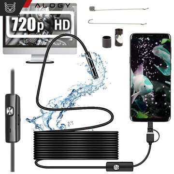 Alogy Duo Cam 1920 Full HD Lightning endoscope inspection camera for iPhone, USB-C, micro USB 3m 8mm black