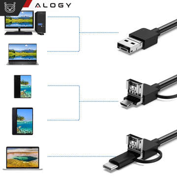 Alogy Duo Cam 1920 Full HD Lightning endoscope inspection camera for iPhone, USB-C, micro USB 3m 8mm black