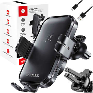 Alogy Fast Charging car holder with 15W inductive Qi charger automatic for the car on the grid fast charging black