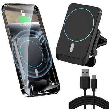 Alogy Magnetic Car Holder for MagSafe with 15W Qi Charger for Phone Grid Black