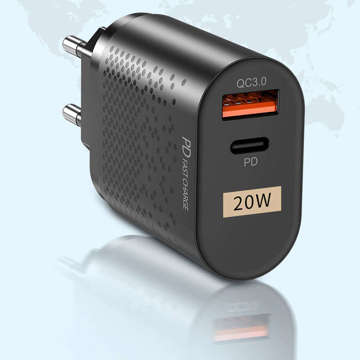 Alogy Wall Charger Fast USB USB-C Type C QC 3.0 PD 20W Black USB-A to USB-C Cable