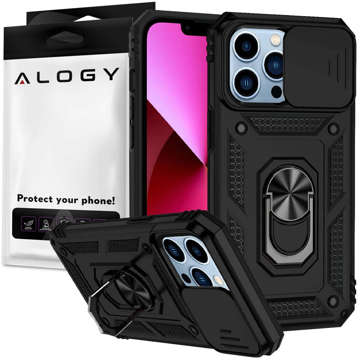 Armored Case for Apple iPhone 13 Pro Max with Camera Cover Alogy Camshield Stand Ring Duty Black Glass