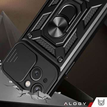 Armored case for iPhone 15 Camshield Case Ring Alogy Stand with slide camera cover black Glass