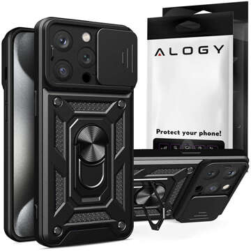 Armored case for iPhone 15 Pro Camshield Case Ring Alogy Stand with slide camera cover, black