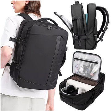 Bange Waterproof Backpack Laptop Bag 15.6" Travel 47x31x20 cm for Work School Plane Men's Women's with USB Port Black