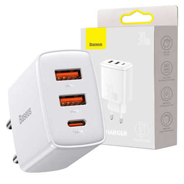 Baseus Compact Quick Charger 2xUSB USB-C PD QC 3.0 3A 30W Wall Charger White