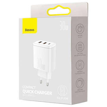 Baseus Compact Quick Charger 2xUSB USB-C PD QC 3.0 3A 30W Wall Charger White