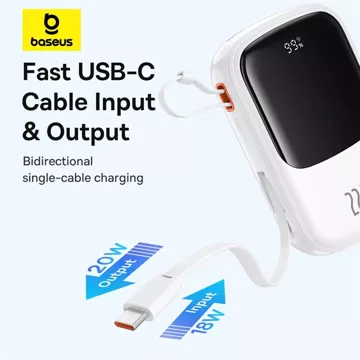 Baseus Qpow Pro 20000mAh 22.5W Powerbank with Built-in USB-C Cable and Display - White