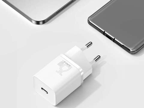 Baseus USB-C PD wall charger 25W cable for USB-C White