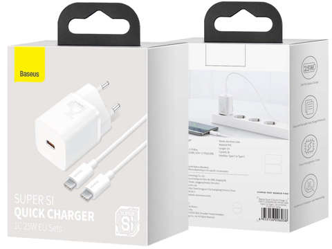 Baseus USB-C PD wall charger 25W cable for USB-C White