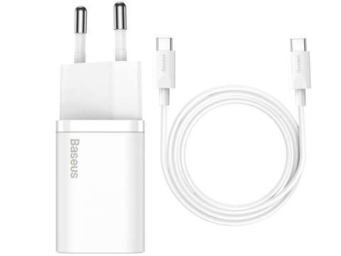 Baseus USB-C PD wall charger 25W cable for USB-C White