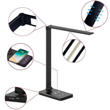 Black LED desk lamp with inductive charger for QI phone