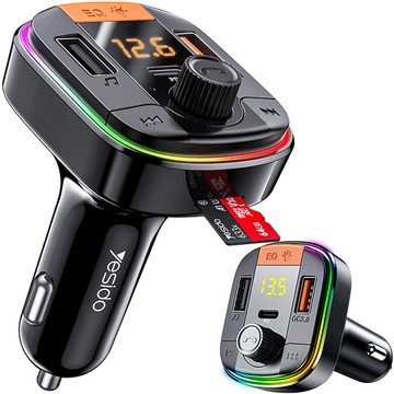 Bluetooth 5.0 FM Car Transmitter Fast Charger 43W 2x USB QC 3.0 USB-C PD Micro SD Yesido for car black