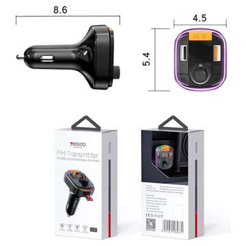 Bluetooth 5.0 FM Car Transmitter Fast Charger 43W 2x USB QC 3.0 USB-C PD Micro SD Yesido for car black