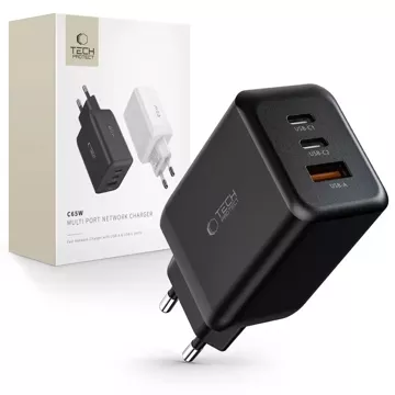 C65W 3-PORT Network Charger PD65W/QC3.0 2-porty USB-C 1 port USB-A Black