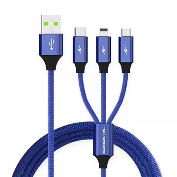 Cable 3in1 USB-C micro USB Lightning fast charging SOMOSTEL SMS-BW03 QC3.0 Quick Charge 2.1A 10W 1.2 m Powerline Blue