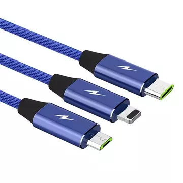 Cable 3in1 USB-C micro USB Lightning fast charging SOMOSTEL SMS-BW03 QC3.0 Quick Charge 2.1A 10W 1.2 m Powerline Blue