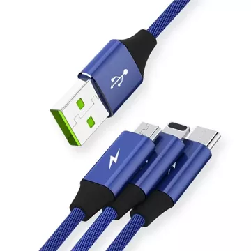 Cable 3in1 USB-C micro USB Lightning fast charging SOMOSTEL SMS-BW03 QC3.0 Quick Charge 2.1A 10W 1.2 m Powerline Blue