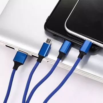 Cable 3in1 USB-C micro USB Lightning fast charging SOMOSTEL SMS-BW03 QC3.0 Quick Charge 2.1A 10W 1.2 m Powerline Blue