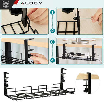 Cable organizer, shelf holder under the table top for cables, desk strips, under-desk aluminum 38.5cm Alogy Black