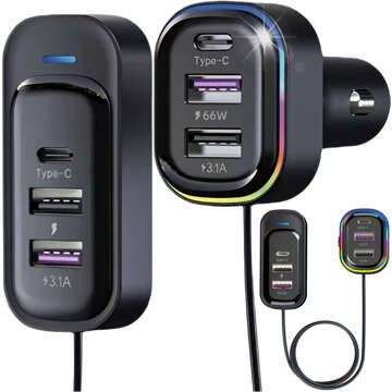 Car charger 4x USB 2x USB-C type C 66W 15W splitter fast QC PD 1.4M 6in1 black