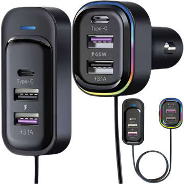 Car charger 4x USB 2x USB-C type C 66W 15W splitter fast QC PD 1.4M 6in1 black