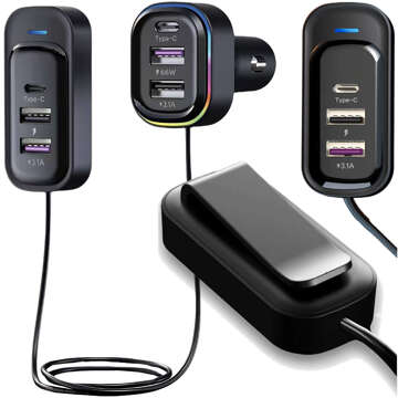 Car charger 4x USB 2x USB-C type C 66W 15W splitter fast QC PD 1.4M 6in1 black