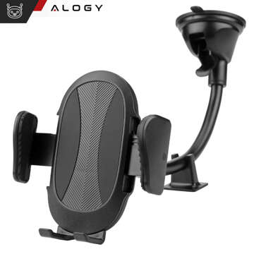 Car phone holder for windshield, cockpit, car dashboard, for 7.9" phone with long arm Alogy Black