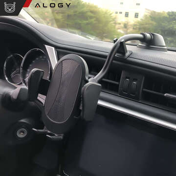 Car phone holder for windshield, cockpit, car dashboard, for 7.9" phone with long arm Alogy Black