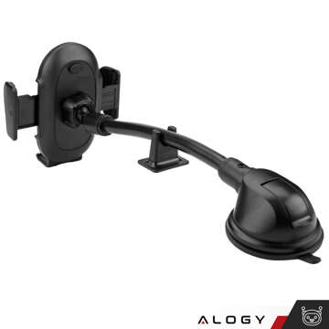 Car phone holder for windshield, cockpit, car dashboard, for 7.9" phone with long arm Alogy Black