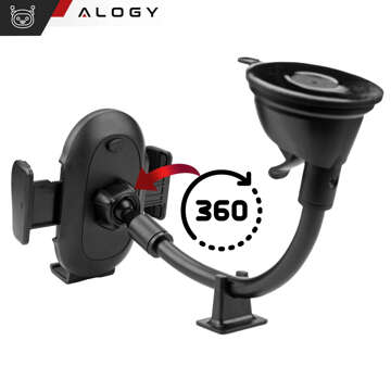 Car phone holder for windshield, cockpit, car dashboard, for 7.9" phone with long arm Alogy Black