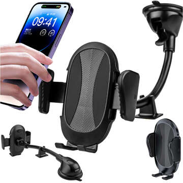 Car phone holder for windshield, cockpit, car dashboard, for 7.9" phone with long arm Alogy Black