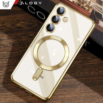 Case for Samsung Galaxy S24 Mag Safe Glamor Case Ring Housing Camera Protection Alogy Gold Transparent Glass