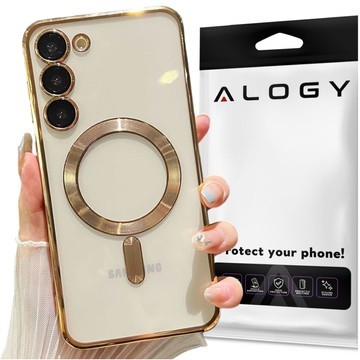 Case for Samsung Galaxy S24 Mag Safe Glamor Case Ring Housing Camera Protection Alogy Gold Transparent Glass