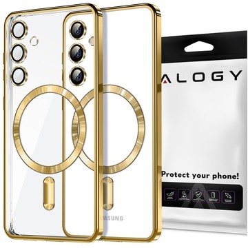 Case for Samsung Galaxy S24 Mag Safe Glamor Case Ring Housing Camera Protection Alogy Gold Transparent Glass