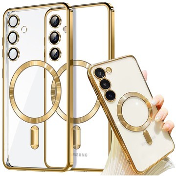 Case for Samsung Galaxy S24 Mag Safe Glamor Case Ring Housing Camera Protection Alogy Gold Transparent Glass