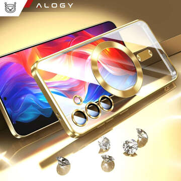 Case for Samsung Galaxy S24 Mag Safe Glamor Case Ring Housing Camera Protection Alogy Gold Transparent Glass