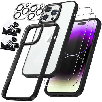 Case for iPhone 14 Pro Max set of 4 glasses 5in1 armored 360 Alogy Hybrid 2x screen glass 2x lens black-transparent