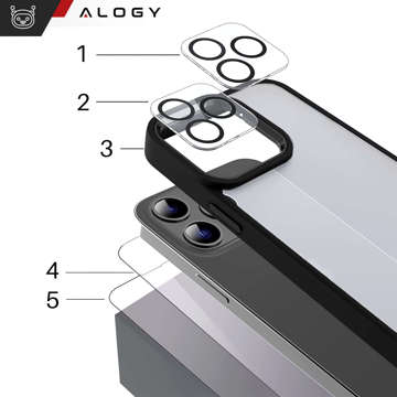 Case for iPhone 14 Pro Max set of 4 glasses 5in1 armored 360 Alogy Hybrid 2x screen glass 2x lens black-transparent